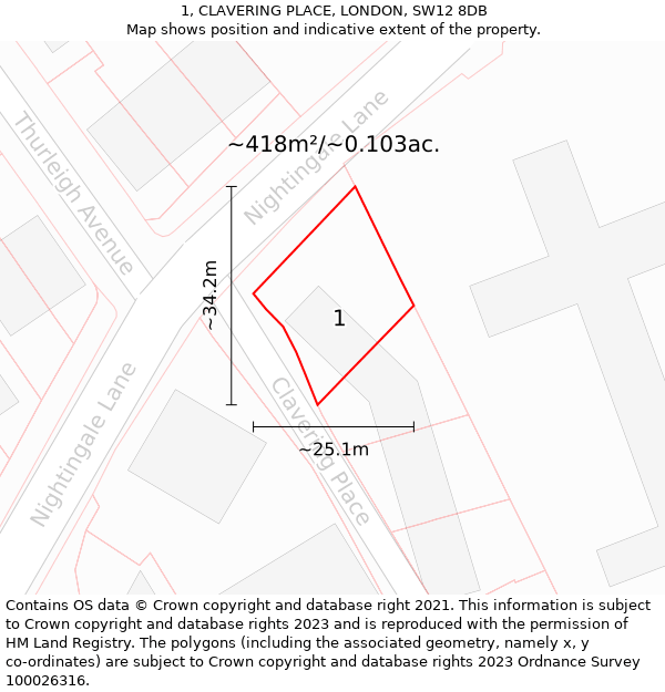 1, CLAVERING PLACE, LONDON, SW12 8DB: Plot and title map