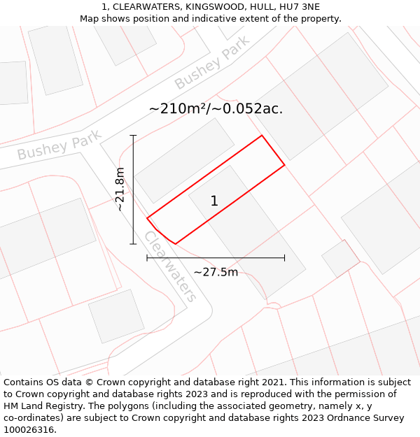 1, CLEARWATERS, KINGSWOOD, HULL, HU7 3NE: Plot and title map