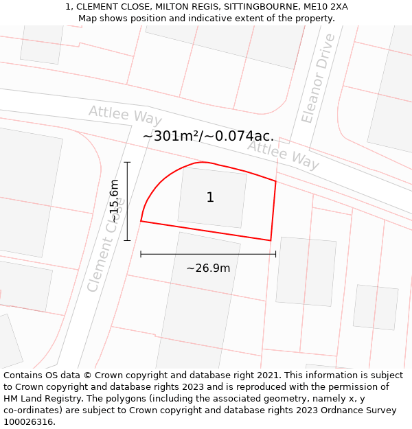 1, CLEMENT CLOSE, MILTON REGIS, SITTINGBOURNE, ME10 2XA: Plot and title map