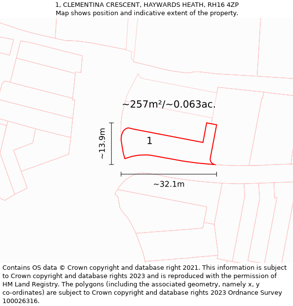 1, CLEMENTINA CRESCENT, HAYWARDS HEATH, RH16 4ZP: Plot and title map