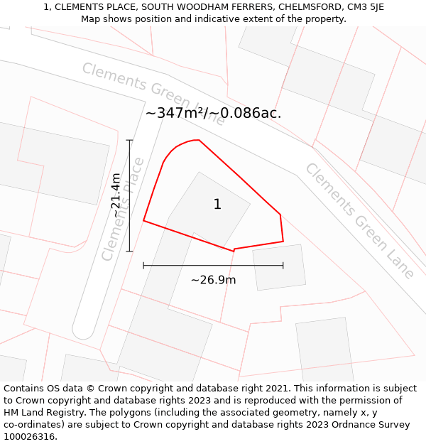 1, CLEMENTS PLACE, SOUTH WOODHAM FERRERS, CHELMSFORD, CM3 5JE: Plot and title map