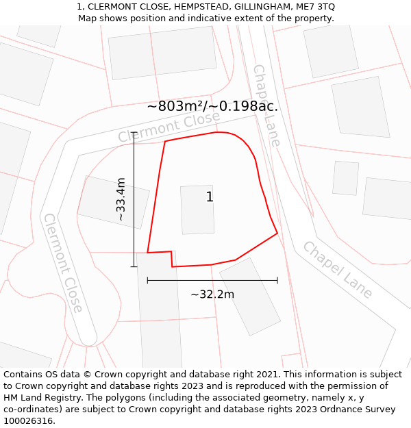 1, CLERMONT CLOSE, HEMPSTEAD, GILLINGHAM, ME7 3TQ: Plot and title map