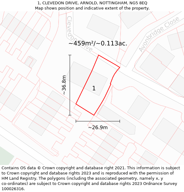 1, CLEVEDON DRIVE, ARNOLD, NOTTINGHAM, NG5 8EQ: Plot and title map