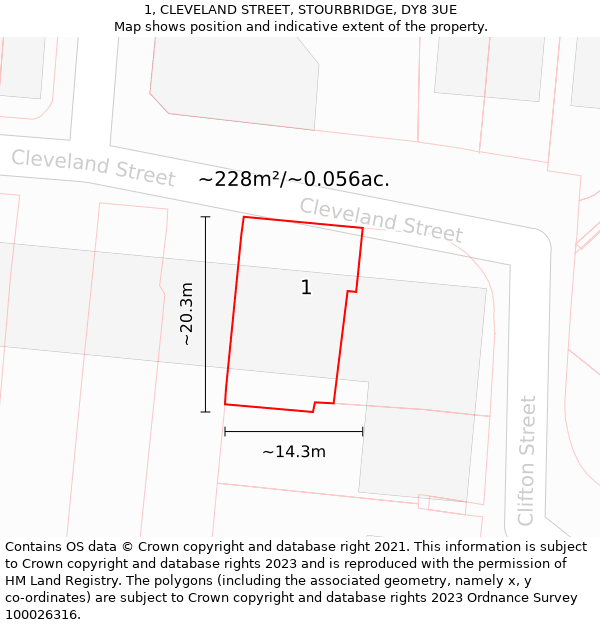 1, CLEVELAND STREET, STOURBRIDGE, DY8 3UE: Plot and title map