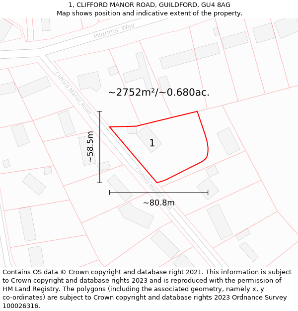 1, CLIFFORD MANOR ROAD, GUILDFORD, GU4 8AG: Plot and title map