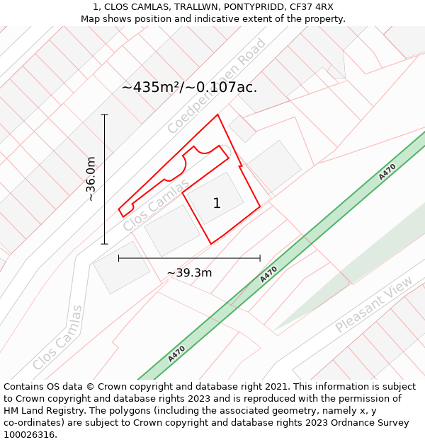 1, CLOS CAMLAS, TRALLWN, PONTYPRIDD, CF37 4RX: Plot and title map