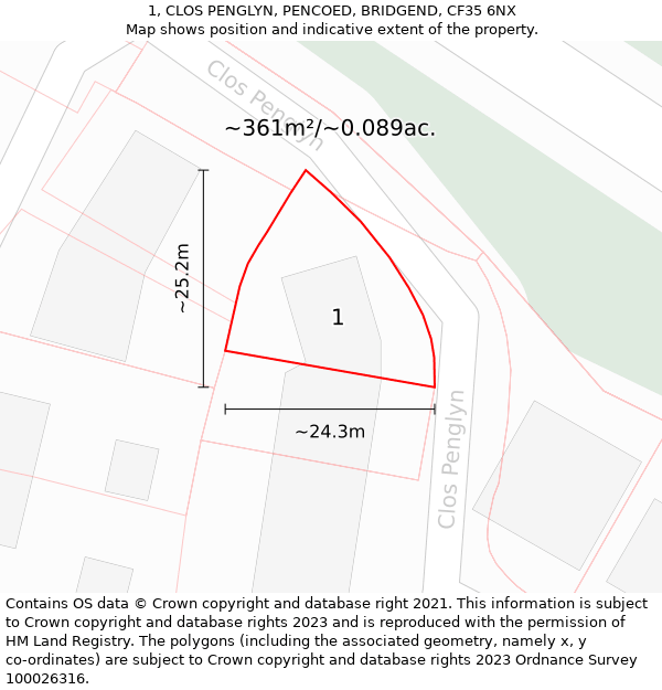 1, CLOS PENGLYN, PENCOED, BRIDGEND, CF35 6NX: Plot and title map