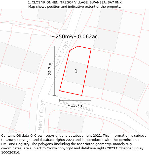 1, CLOS YR ONNEN, TREGOF VILLAGE, SWANSEA, SA7 0NX: Plot and title map