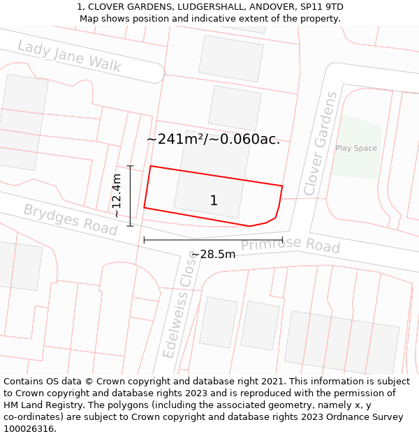 1, CLOVER GARDENS, LUDGERSHALL, ANDOVER, SP11 9TD: Plot and title map