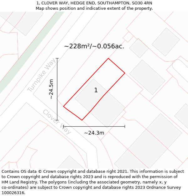 1, CLOVER WAY, HEDGE END, SOUTHAMPTON, SO30 4RN: Plot and title map