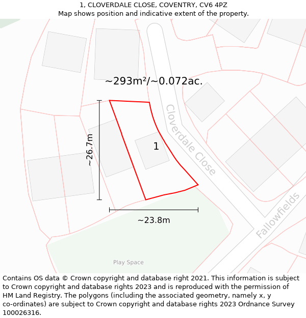 1, CLOVERDALE CLOSE, COVENTRY, CV6 4PZ: Plot and title map