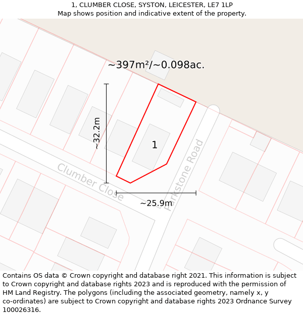 1, CLUMBER CLOSE, SYSTON, LEICESTER, LE7 1LP: Plot and title map