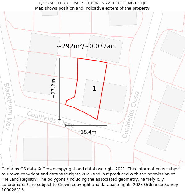 1, COALFIELD CLOSE, SUTTON-IN-ASHFIELD, NG17 1JR: Plot and title map