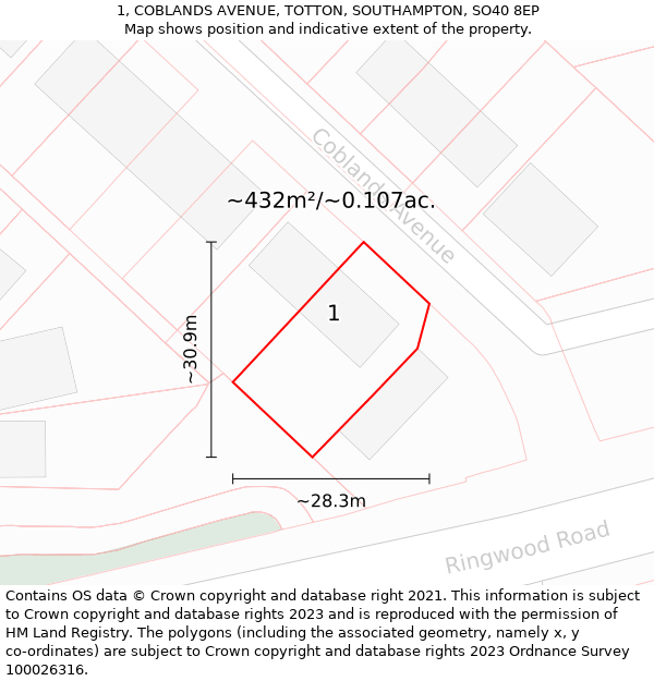 1, COBLANDS AVENUE, TOTTON, SOUTHAMPTON, SO40 8EP: Plot and title map