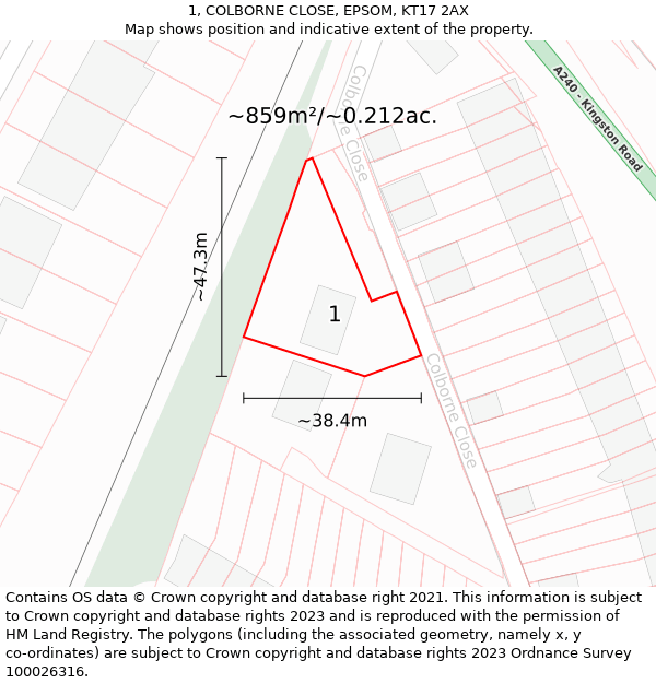 1, COLBORNE CLOSE, EPSOM, KT17 2AX: Plot and title map