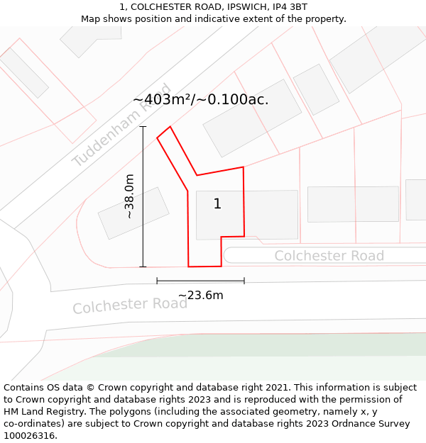 1, COLCHESTER ROAD, IPSWICH, IP4 3BT: Plot and title map