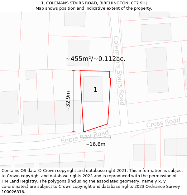 1, COLEMANS STAIRS ROAD, BIRCHINGTON, CT7 9HJ: Plot and title map