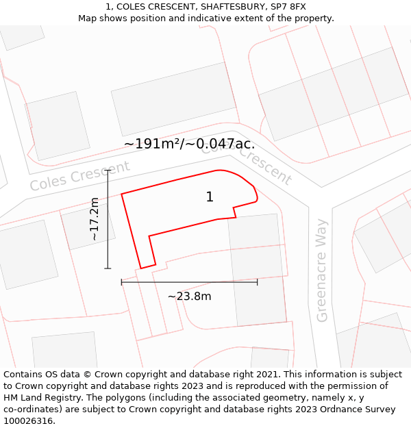 1, COLES CRESCENT, SHAFTESBURY, SP7 8FX: Plot and title map