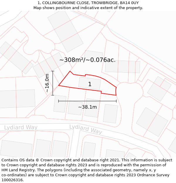 1, COLLINGBOURNE CLOSE, TROWBRIDGE, BA14 0UY: Plot and title map