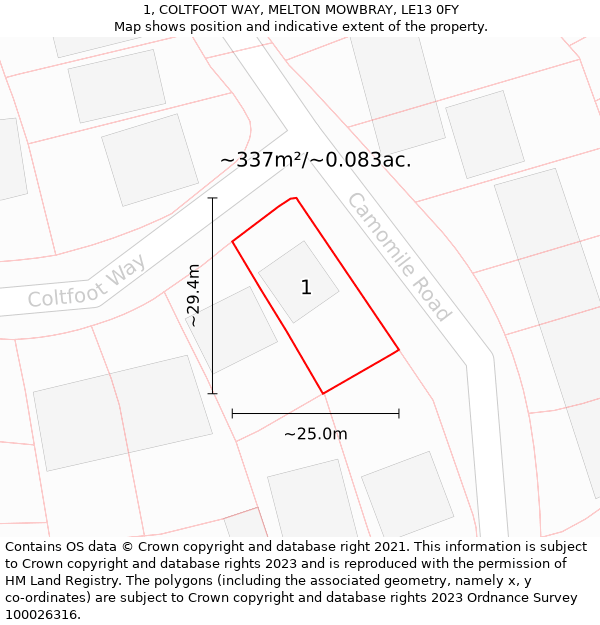 1, COLTFOOT WAY, MELTON MOWBRAY, LE13 0FY: Plot and title map