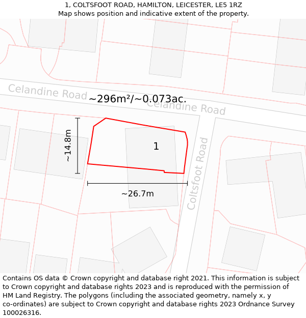 1, COLTSFOOT ROAD, HAMILTON, LEICESTER, LE5 1RZ: Plot and title map