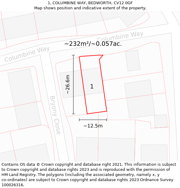 1, COLUMBINE WAY, BEDWORTH, CV12 0GF: Plot and title map