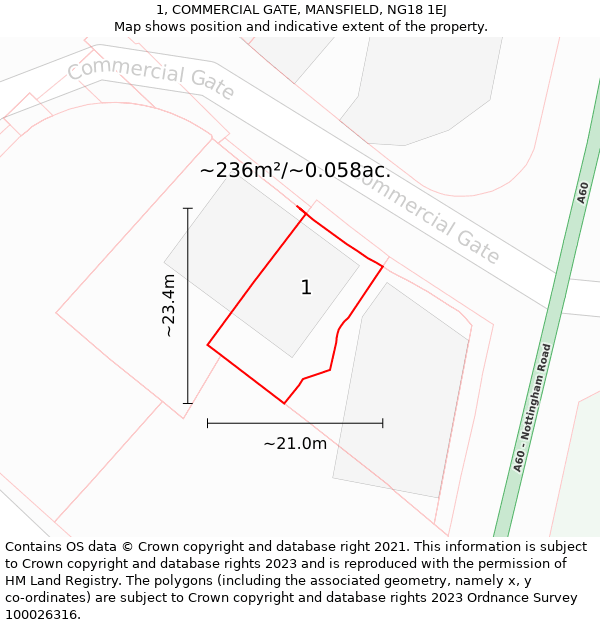 1, COMMERCIAL GATE, MANSFIELD, NG18 1EJ: Plot and title map