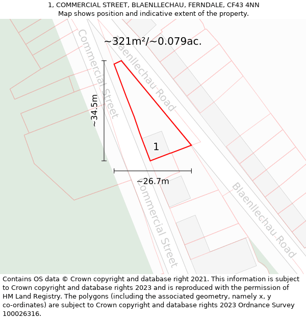 1, COMMERCIAL STREET, BLAENLLECHAU, FERNDALE, CF43 4NN: Plot and title map