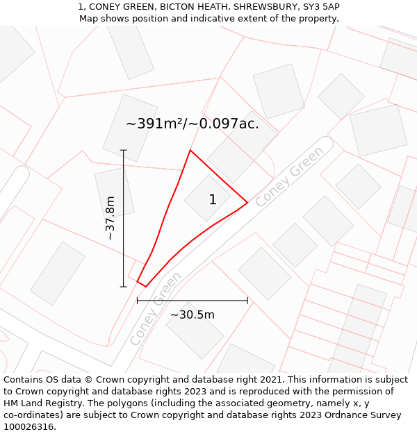 1, CONEY GREEN, BICTON HEATH, SHREWSBURY, SY3 5AP: Plot and title map