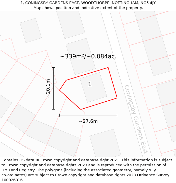 1, CONINGSBY GARDENS EAST, WOODTHORPE, NOTTINGHAM, NG5 4JY: Plot and title map