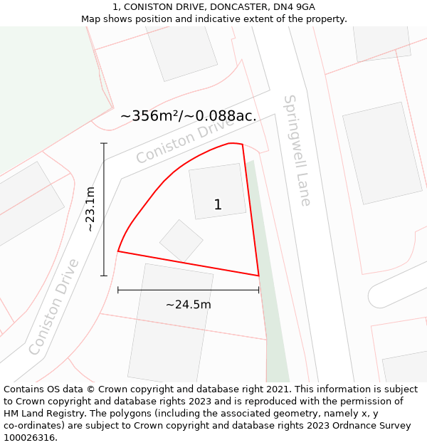 1, CONISTON DRIVE, DONCASTER, DN4 9GA: Plot and title map