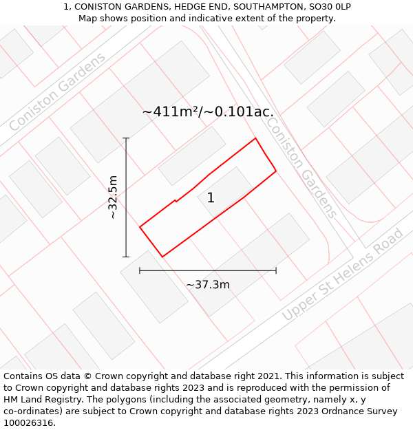 1, CONISTON GARDENS, HEDGE END, SOUTHAMPTON, SO30 0LP: Plot and title map