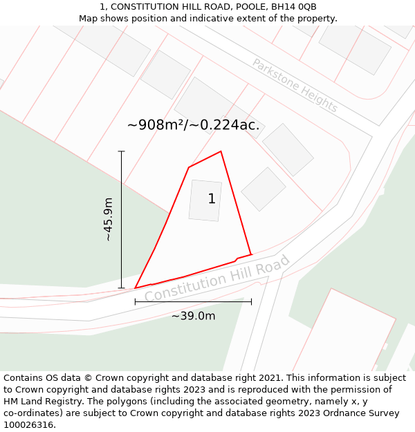 1, CONSTITUTION HILL ROAD, POOLE, BH14 0QB: Plot and title map
