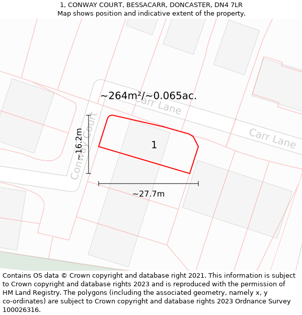 1, CONWAY COURT, BESSACARR, DONCASTER, DN4 7LR: Plot and title map