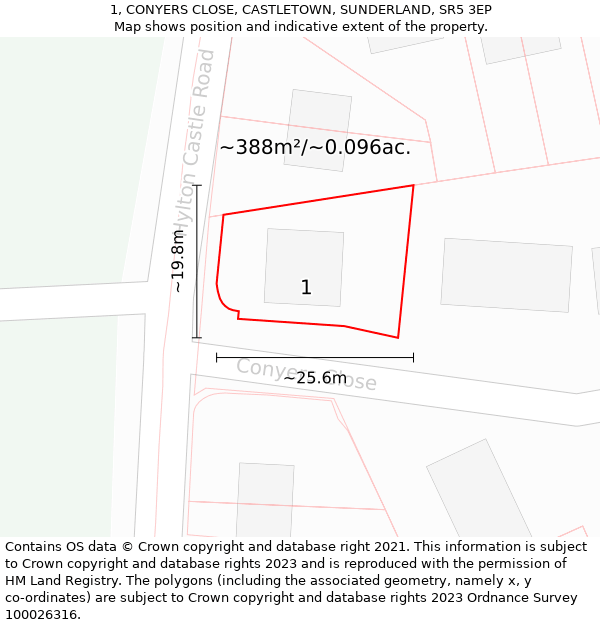 1, CONYERS CLOSE, CASTLETOWN, SUNDERLAND, SR5 3EP: Plot and title map