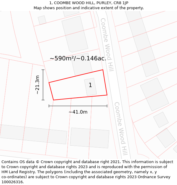 1, COOMBE WOOD HILL, PURLEY, CR8 1JP: Plot and title map