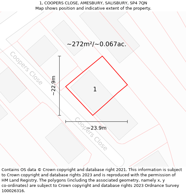 1, COOPERS CLOSE, AMESBURY, SALISBURY, SP4 7QN: Plot and title map