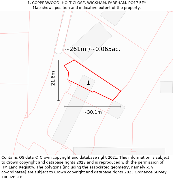 1, COPPERWOOD, HOLT CLOSE, WICKHAM, FAREHAM, PO17 5EY: Plot and title map