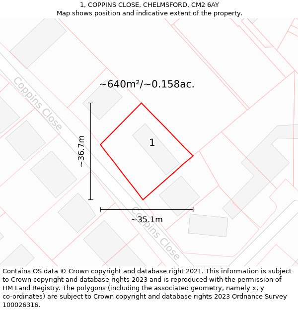 1, COPPINS CLOSE, CHELMSFORD, CM2 6AY: Plot and title map