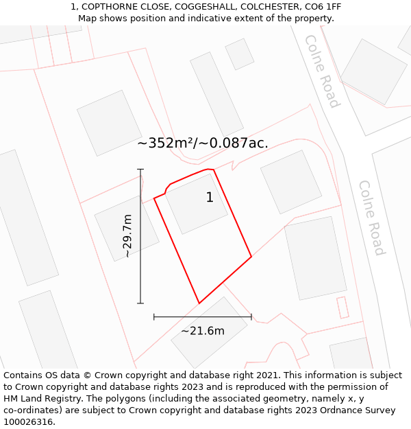 1, COPTHORNE CLOSE, COGGESHALL, COLCHESTER, CO6 1FF: Plot and title map