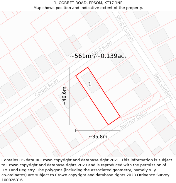 1, CORBET ROAD, EPSOM, KT17 1NF: Plot and title map