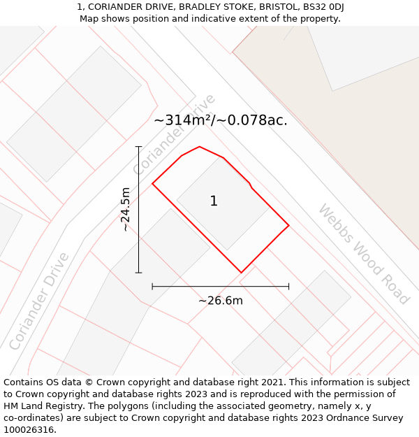 1, CORIANDER DRIVE, BRADLEY STOKE, BRISTOL, BS32 0DJ: Plot and title map