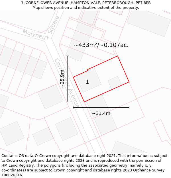 1, CORNFLOWER AVENUE, HAMPTON VALE, PETERBOROUGH, PE7 8PB: Plot and title map