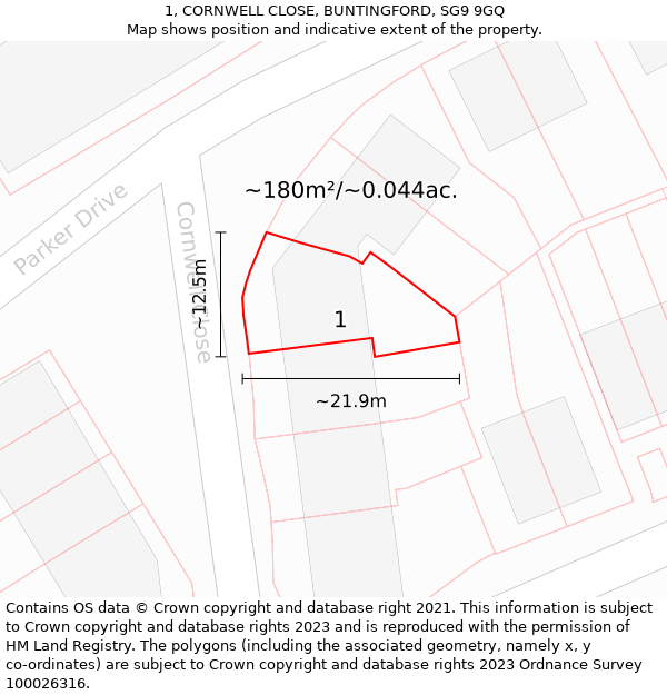 1, CORNWELL CLOSE, BUNTINGFORD, SG9 9GQ: Plot and title map