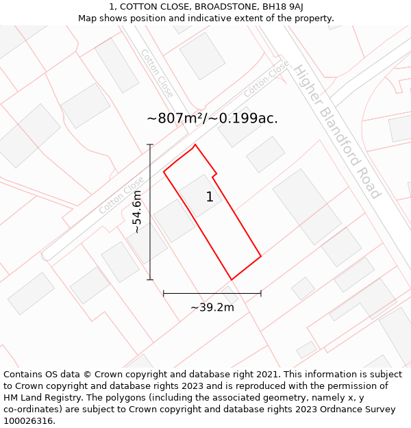 1, COTTON CLOSE, BROADSTONE, BH18 9AJ: Plot and title map