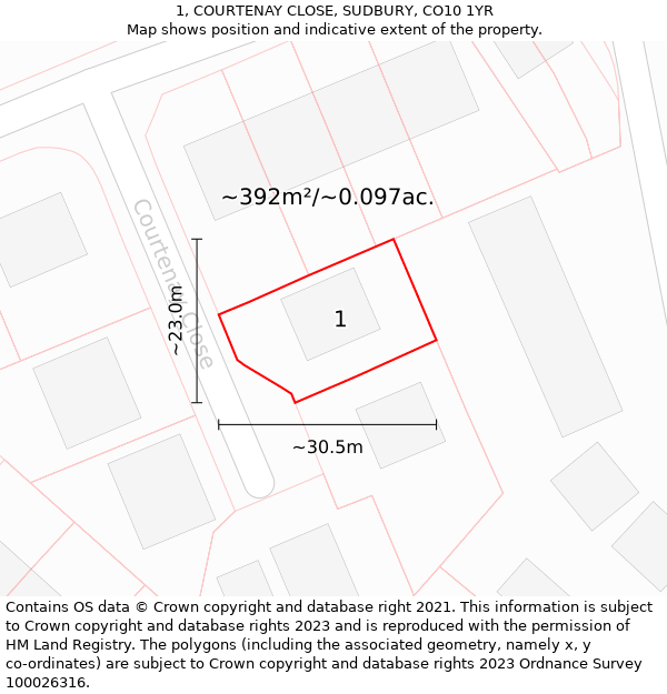 1, COURTENAY CLOSE, SUDBURY, CO10 1YR: Plot and title map