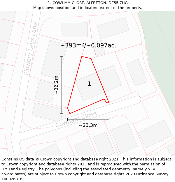 1, COWHAM CLOSE, ALFRETON, DE55 7HG: Plot and title map