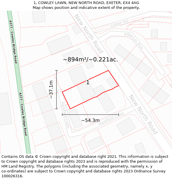 1, COWLEY LAWN, NEW NORTH ROAD, EXETER, EX4 4AG: Plot and title map