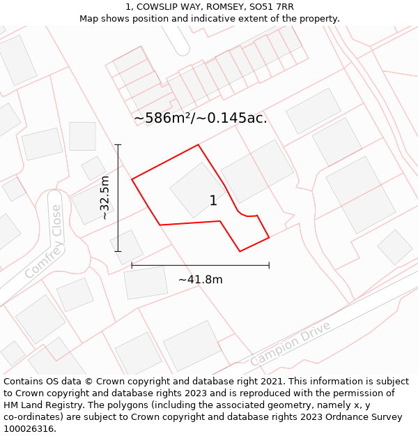 1, COWSLIP WAY, ROMSEY, SO51 7RR: Plot and title map