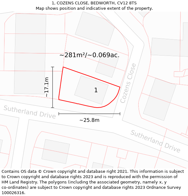 1, COZENS CLOSE, BEDWORTH, CV12 8TS: Plot and title map